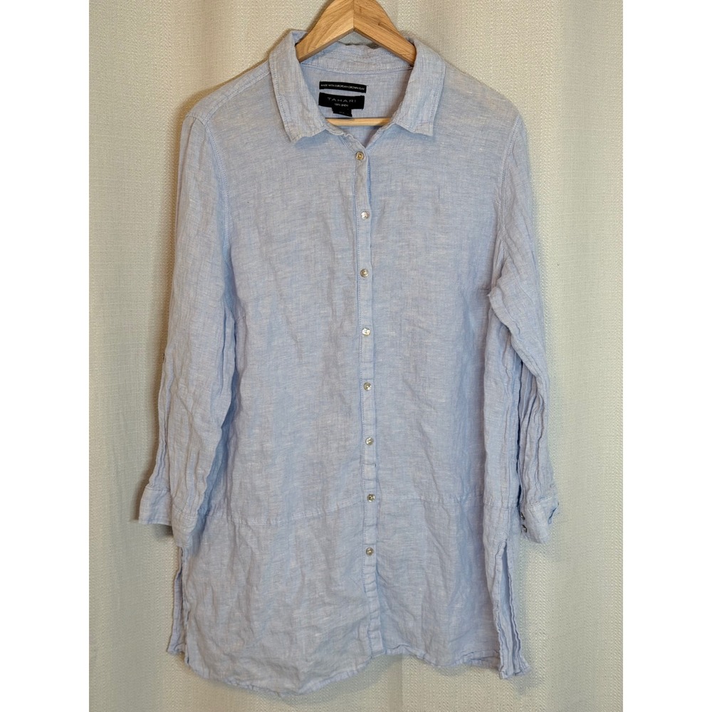 Tahari Button Down Shirt Womens 1X Light Blue Excellent Linen Longline Roll Tab